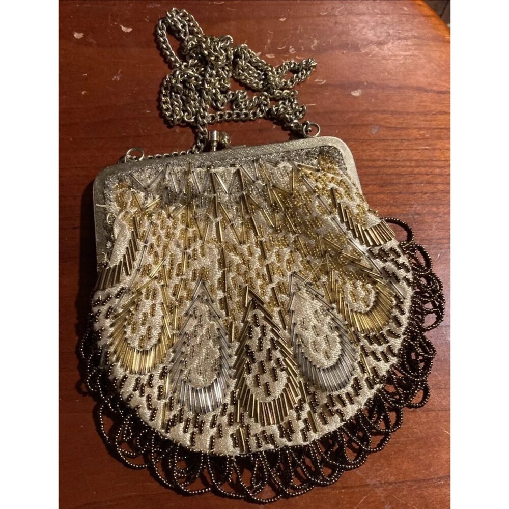 VINTAGE GOLD & BROWN LA REGALE  HAND BEADED PURSE MADE IN HONG KONG WITH FRINGE